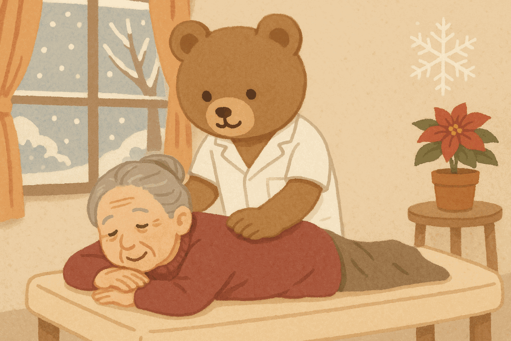 白衣を着たクマが高齢女性を施術している様子｜くまくま接骨院（大分市畑中）