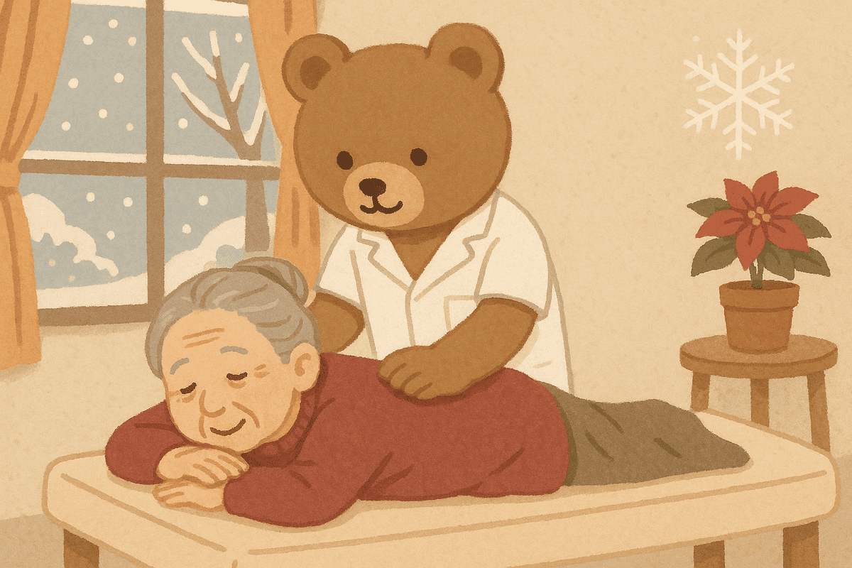 白衣を着たクマが高齢女性を施術している様子｜くまくま接骨院（大分市畑中）
